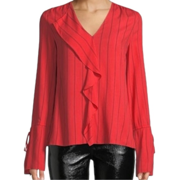 Derek Lam 10 Crosby Red Striped V NeckRuffle Long Sleeve Blouse Top size 10